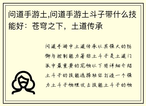 问道手游土,问道手游土斗子带什么技能好：苍穹之下，土道传承
